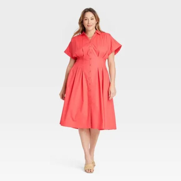 NEW Women's Short Sleeve Pleated Midi Shirtdress - Ava & Viv™ Coral Red XXL - Picture 1 of 7